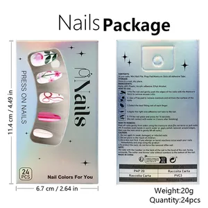 Pink bow and floral press-on nail kit with 24 pieces and tool set in holographic packaging