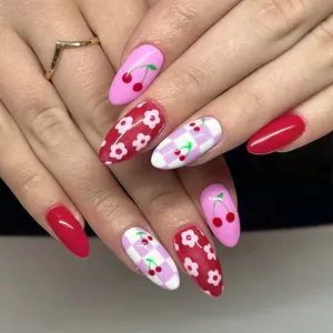 Glossy Almond Press On Nails Cherry Checkerboard Floral Red Pink Waterdrop Fake Nails For Women Sweet DIY Manicure Decoration Jewelry
