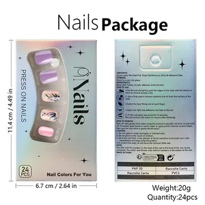 Detail showing 24pcs press-on nails set with purple floral designs and application kit