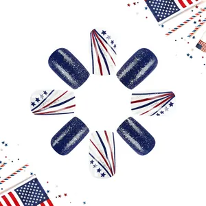 Glossy Independence Day fake nails with red and blue stars and stripes patterns