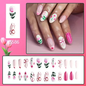Glossy pink tulip and bow press-on nails with stripes and hearts, 24pcs almond shape set