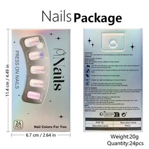 Macro view of 24pcs pink flower press-on nails set in laser silver packaging with instructions