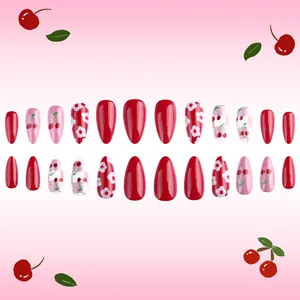Cute cherry and checkerboard pattern almond press-on nails in red and pink colors