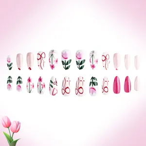 24pcs pink tulip and bowknot glossy press-on nails with sweet floral and stripe patterns