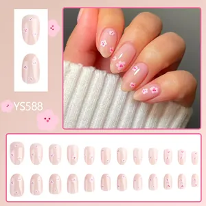Pink translucent short press-on nails with floral patterns, 24pcs set YS588