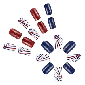 Glossy red and blue star press-on nails with Independence Day theme and fine glitter finish