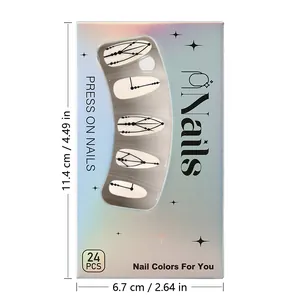 Iridescent silver box packaging for 24pcs almond matte nails with geometric line patterns