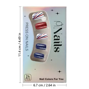 Detailed size chart for press-on nails set featuring patriotic red blue star patterns