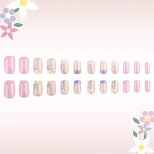 French tip press-on nails set with pink floral designs and white polka dots 24pcs