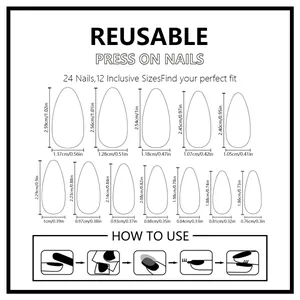 Size guide for almond matte black press-on nails with 12 dimensions and usage steps