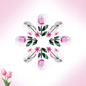 Pink tulip and purple bow press-on nails set with almond shape floral patterns