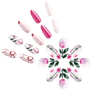Pink bow and floral press-on nails set with almond shape glossy finish design