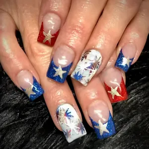Independence Day Press On Nails Gold Stars Red White Blue French Square Glossy False Nails For Women ABS Plastic DIY Manicure Holiday