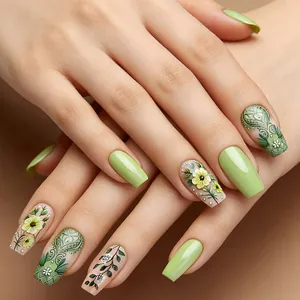 Pastoral Style Green Floral Press On Nails Glossy False Nails With Daisy Patterns For Women Daily Beauty Manicure Decor