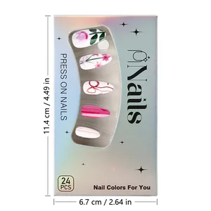 Detail of pink bow and floral press-on nails in branded window display box packaging
