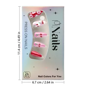 Silver metallic nail packaging box with a window showing 24pcs cherry press on nails