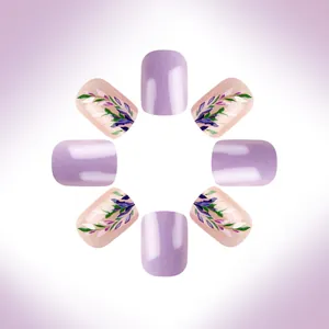 Short square press-on nails in lavender and nude pink with painted floral patterns