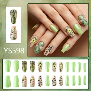 Green floral pastoral press-on nails set with 24 ballet-shaped glossy fake nail tips