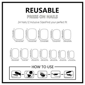 Tableau des tailles pour faux ongles de Noël avec 12 dimensions et mode d'emploi