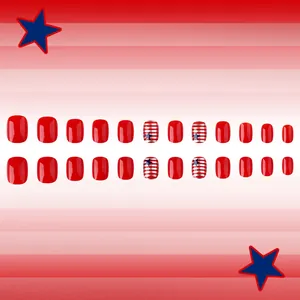 Faux ongles fête de l'indépendance avec rayures rouges et motifs étoiles bleues