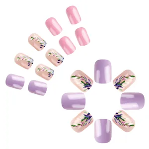 Short square floral press-on nails in pink and purple contrast glossy finish 24pcs set
