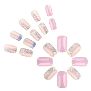 Pink and lilac press-on nails set with floral patterns and French tips, 24 pieces included