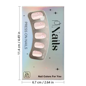 Detailed view of pink floral press-on nail set with 24 pieces and packaging dimensions