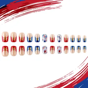 Sparkly Independence Day press-on nails with red, white, blue colors and gold stars