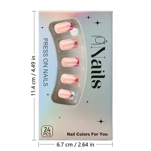 Macro shot of colorful polka dot press-on nails in holographic display box packaging