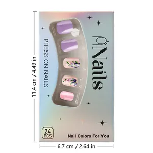 Detail view showing 24pcs short square press-on nails with floral design and dimensions