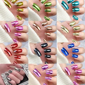 12 colors set of long square metallic mirror press-on nails with shiny aurora chrome finish
