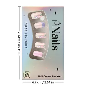 Close-up of pink and floral press-on nails in laser-textured packaging with clear window
