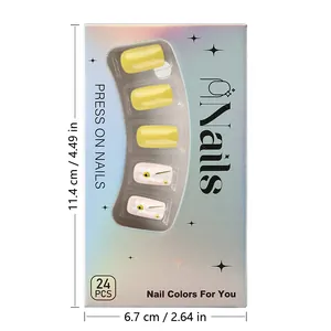Detail view of 24pcs yellow daisy press-on nails in laser silver packaging box
