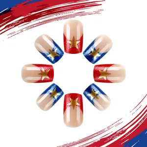 Sparkly Independence Day press-on nails with red, blue, and gold star glitter patterns