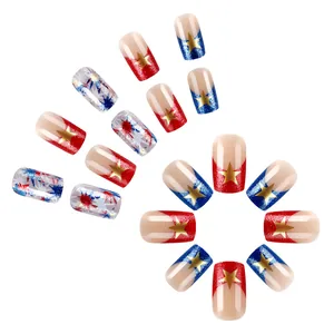 Sparkly French press-on nails with red, blue, and gold star designs for Independence Day