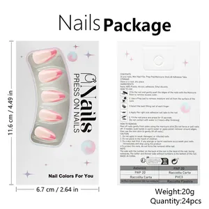 Detailed set of almond press-on nails with pink glitter gradient and application kit