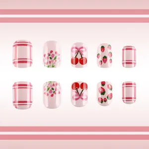 Detailansicht der rosa karierten Obstmuster auf ovalen kurzen Press-On Nägeln