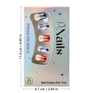 Detailed view of patriotic press-on nail kit packaging with red white blue star patterns