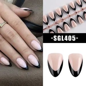 Glossy almond-shaped French press-on nails in nude pink with chic black tips