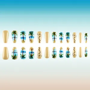 Long coffin press-on nails with tropical coconut tree and beach wave ocean design