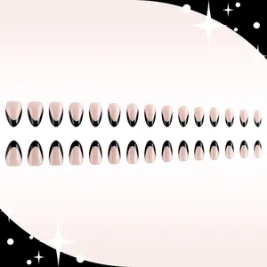 French black tip almond press on nails with soft pink base glossy finish 30pcs set