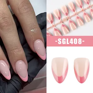 French almond press-on nails with pink glitter tips and glossy finish for daily wear