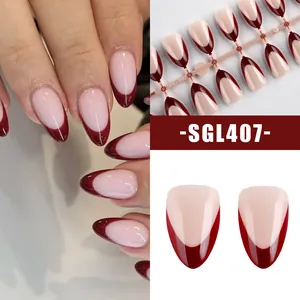 Glossy burgundy French tip almond press-on nails with minimalist two-tone design