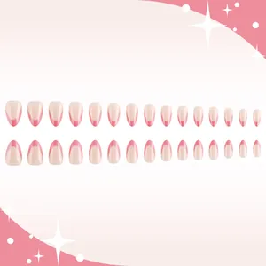 French style almond press-on nails with pink glitter tips and glossy finish set