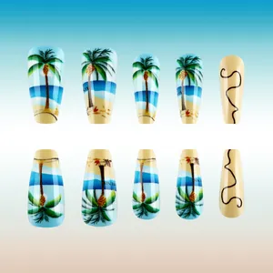 Detail of long coffin press-on nails with tropical palm beach art and abstract lines