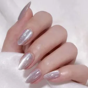 Moonlight White Cat Eye Press On Nails Almond Shape Glossy Shimmer Fake Nails For Women Daily Party Nail Art Decoration