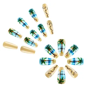 Long coffin press-on nails set featuring tropical coconut tree patterns and wave line art
