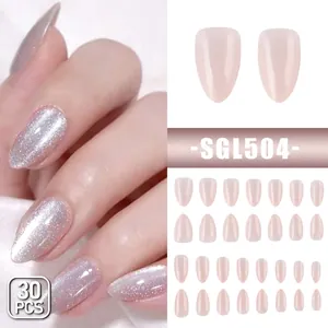 30pcs almond cat-eye shimmer press-on nails in soft pink gloss and silver glitter
