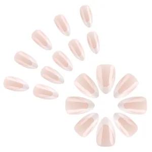 Unghie finte French lucide a mandorla con base nude e punte bianche set completo