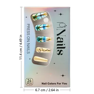 Detail view of tropical coconut tree press-on nails packaging box with dimensions